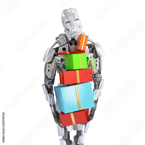 Robot holding wrapped gift boxes. Android, humanoid or cyborg artificial intelligence concept. 3D illustration.