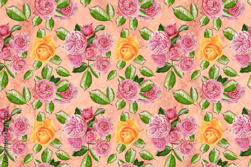 Flower wallpaper with pink and yellow roses on a pink background