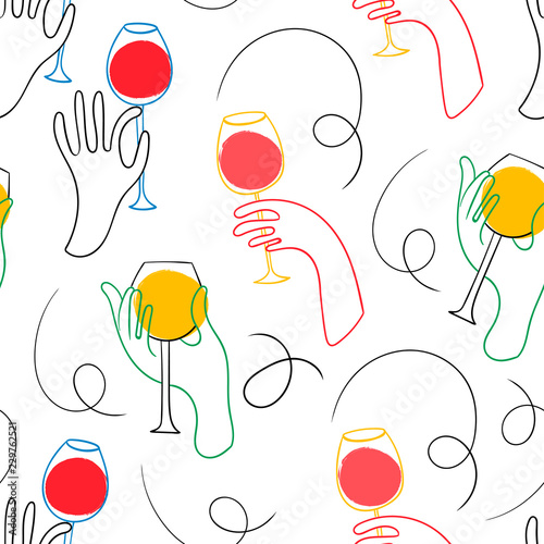 Graphic one line hands with wine. Hand drawn colored vector seamless pattern