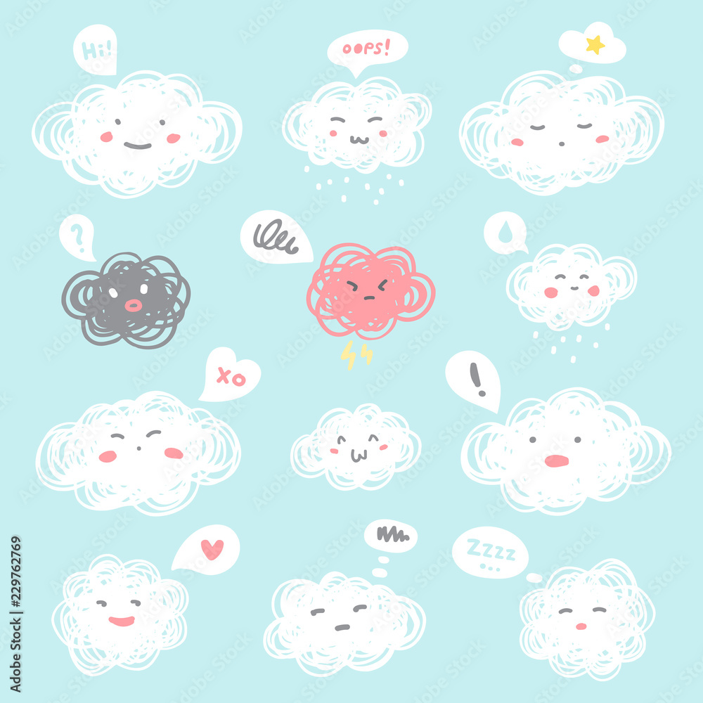 Hand drawn doodle style illustration. Cute fluffy clouds with flat cartoon emoji faces and speech bubbles. Emoticons with facial expressions, emotions - anger, love, surprise, shame, joy, distrust.