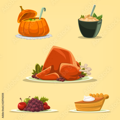 vector cartoon thanks giving isolated dishes menu collection set