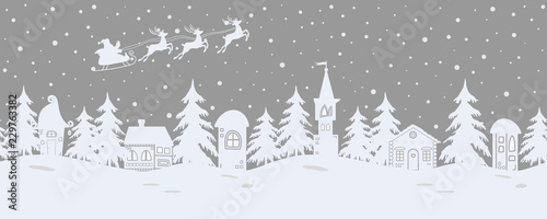 Fairy tale winter landscape. Santa Claus is riding across the sky on deers. There are fantastic lodges and fir trees on a gray background. It can be used as a seamless border. Vector illustration