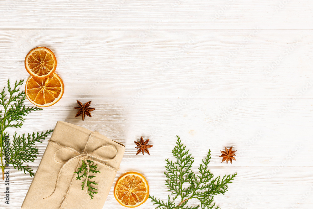 Christmas mood concept. Layout composition with traditional festive attributes, green decorative fresh pine tree branches. Winter holidays season. Background, copy space, close up, top view, flat lay. Christmas mood concept. Layout composition with traditional festive attributes, green decorative fresh pine tree branches. Winter holidays season. Background, copy space, close up, top view, flat lay.