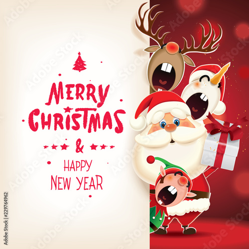 Christmas companions-Santa Claus, Snowman,Reindeer and Elf with textual signboard isolated on a red sparkle background