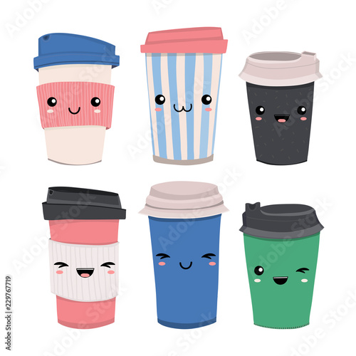 Hand drawn various coffee cups with kawaii faces. Colored vector set. All elements are isolated