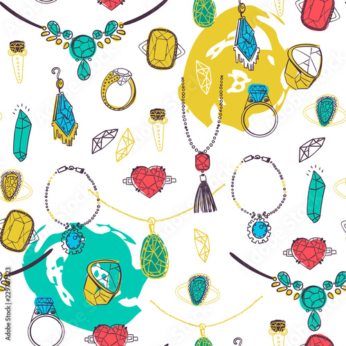 Hand drawn jewelry. Colored vector seamless pattern