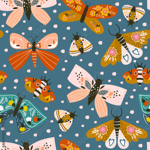 Hand drawn butterflies. Colored vector seamless pattern. Blue background