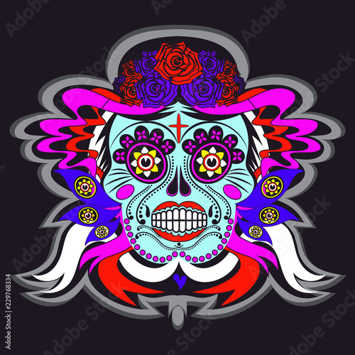 Cartoon skeleton skull with Mexico ornaments poster