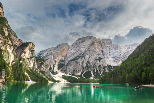 Fototapeta Naklejka Na Ścianę i Meble -  Turquoise lake in south tyrol, Braies in the Dolomites.