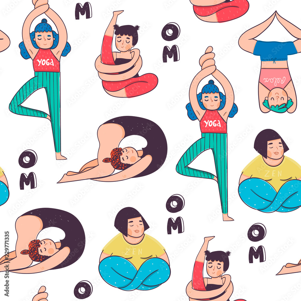 Funny yoga poses. Colored vector seamless pattern Stock Vector