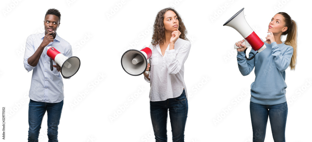 Fototapeta premium Collage of young people yelling through megaphone over isolated background serious face thinking about question, very confused idea