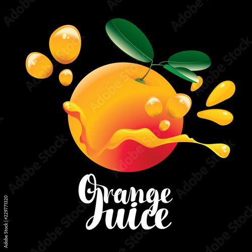 Vector Vector banner with ripe juicy orange, juice splashes and calligraphic inscription Orange juice on black backgroundbanner for orange juice with orange fruit