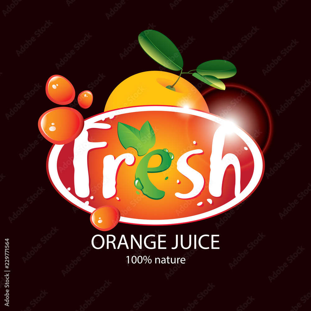 Naklejka premium Vector banner with juicy orange, drops of juice and large lettering Fresh on a black background