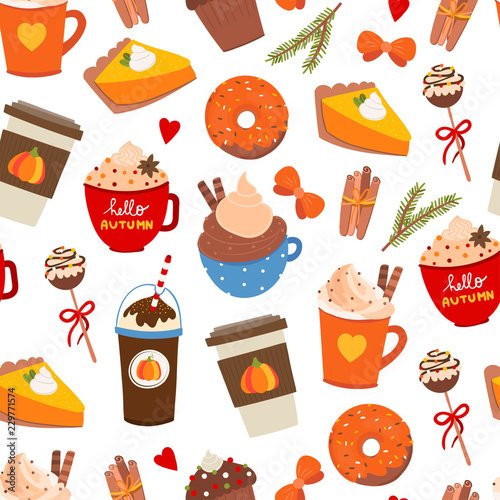 Pumpkin spice. Various tasty stuff. Colored vector seamless pattern