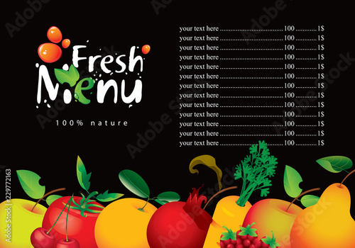 Vector Fresh menu for juice and fresh juice from various fruits and vegetables with price list on black background