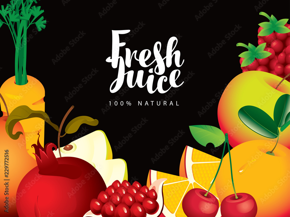 Vector banner with calligraphic inscription Fresh juice with various  fruits, berries and vegetables on black background Stock Vector | Adobe  Stock