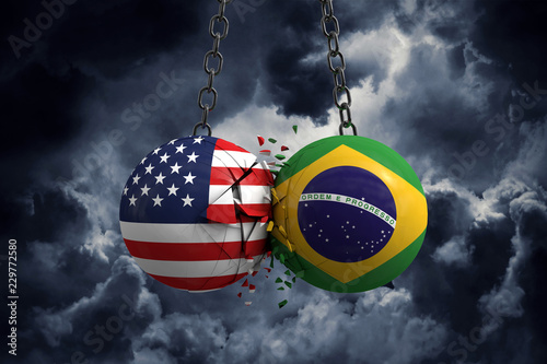Relationship conflict between USA and Brazil. Trade deal concept. 3D Rendering