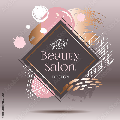 Golden pink art frames. Modern card design, brush stroke, gold, premium brochure, flyer, invitation template. Pastel rose colors brush strokes, pink gold contour square frame.