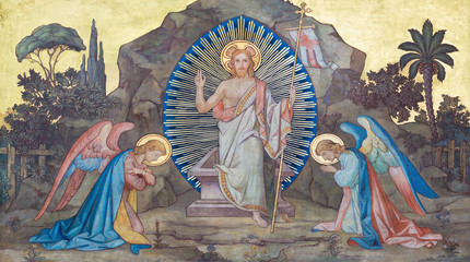 PRAGUE, CZECH REPUBLIC - OCTOBER 17, 2018: The fresco of Resurrection in church kostel Svateho Cyrila Metodeje probably by František Sequens (sc. half of 19. cent.).