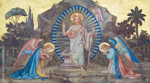 Photo PRAGUE, CZECH REPUBLIC - OCTOBER 17, 2018: The fresco of Resurrection in church kostel Svateho Cyrila Metodeje probably by František Sequens (sc