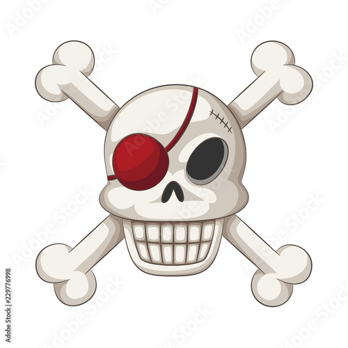 Funny cartoon skull with eye batch and crossbones, vector illustration