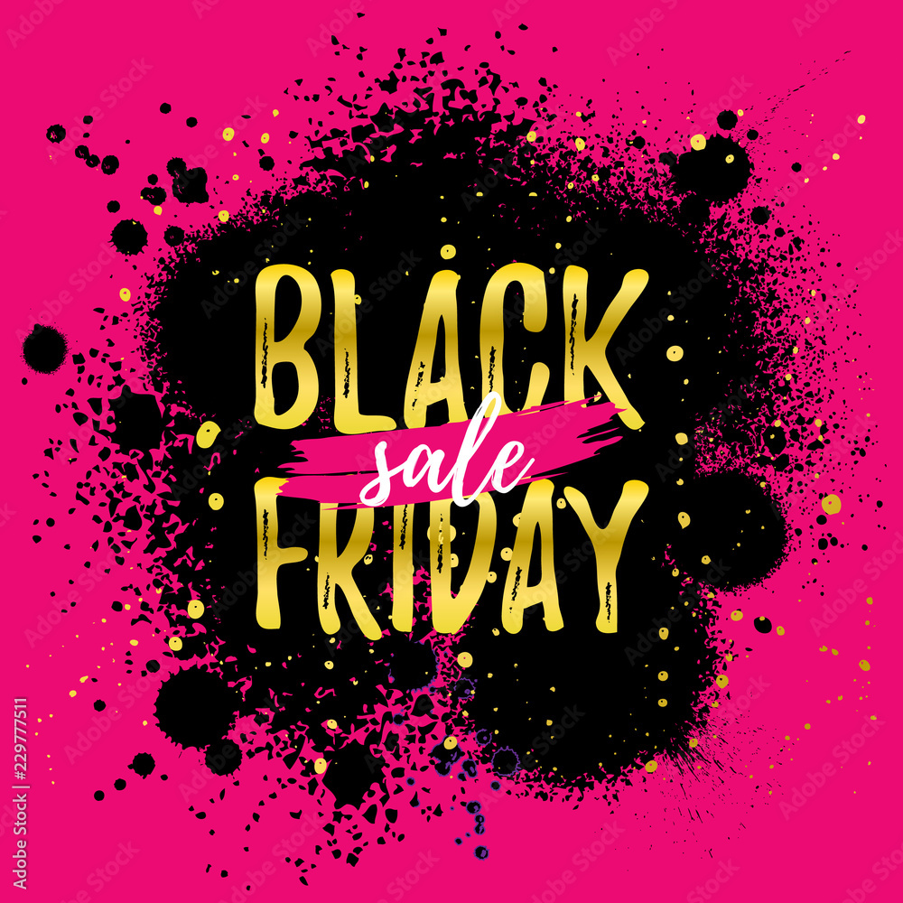 Black Friday Sale banner. Abstract grunge black ink splashes and blots. Discount layout