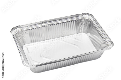 Foil food delivery container with reflection isolated over the white background