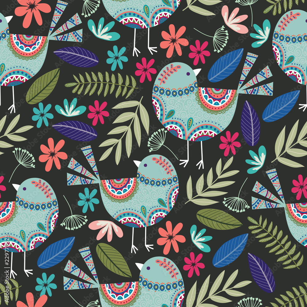 Floral pattern with birds, flowers and leaves on dark background, vector Floral pattern with birds, flowers and leaves on dark background, vector
