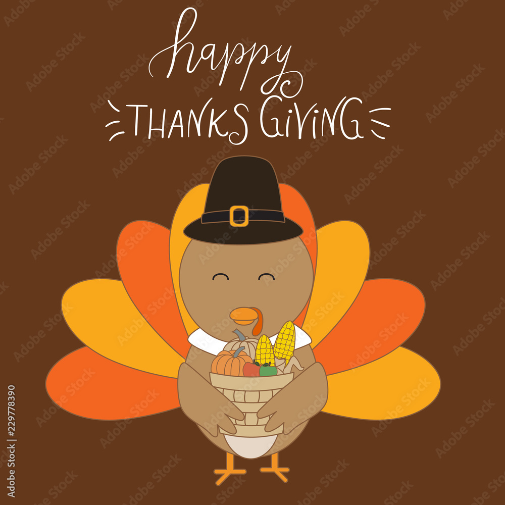 Happy Thanks giving vector little cute turkey pilgrimscostume hand lerttering fonts. illustration EPS10.