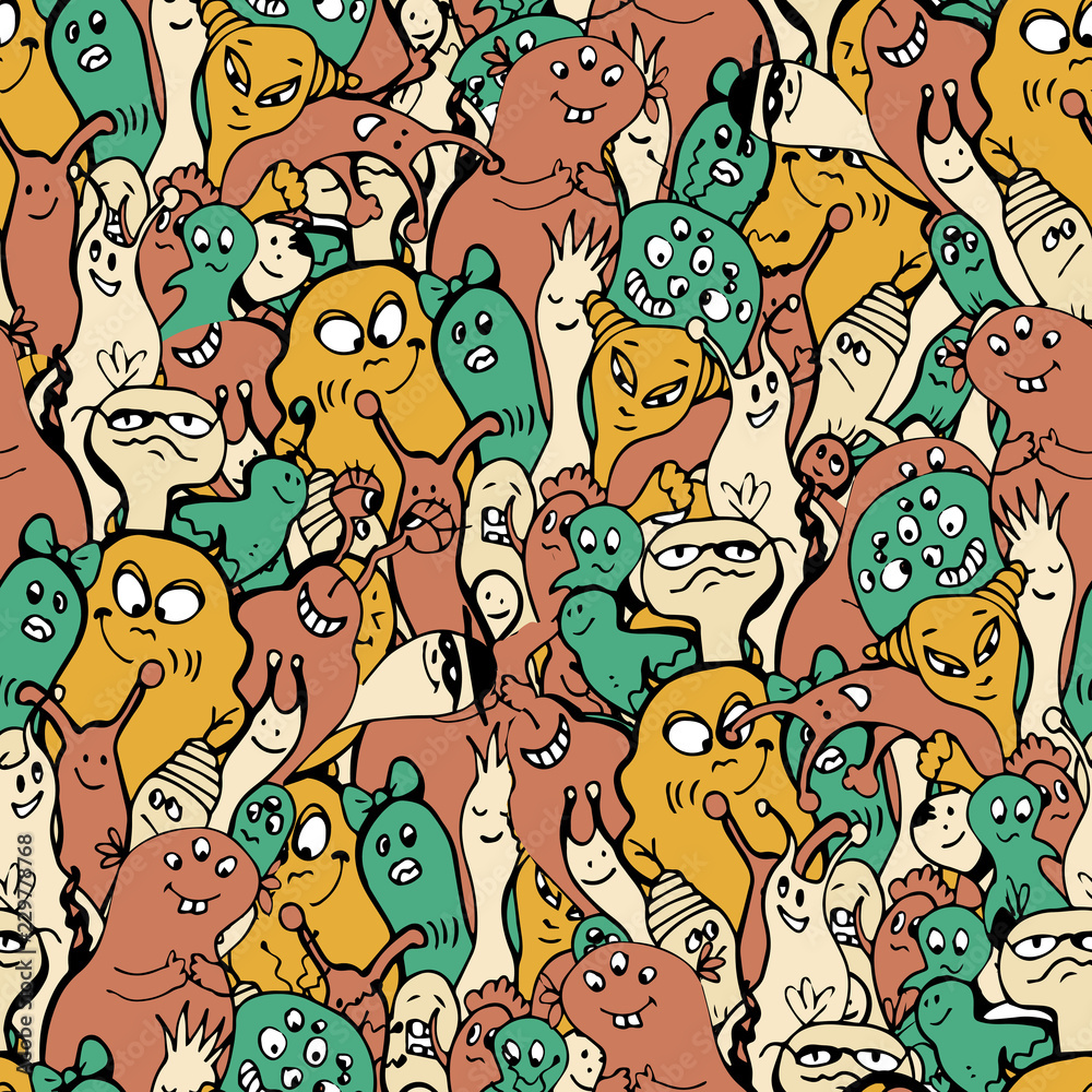 Cartoon monsters seamless pattern, hand draw doodle vector illustration. Repeatable pattern with cute monster, light vintage colors. Kids cartooning monster faces, endless background