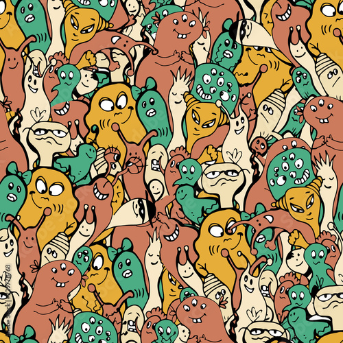Cartoon monsters seamless pattern  hand draw doodle vector illustration. Repeatable pattern with cute monster  light vintage colors. Kids cartooning monster faces  endless background