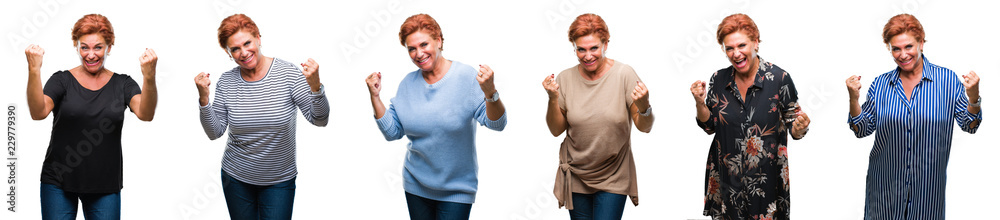 Collage of middle age senior woman over white isolated background very happy and excited doing winner gesture with arms raised, smiling and screaming for success. Celebration concept. Collage of middle age senior woman over white isolated background very happy and excited doing winner gesture with arms raised, smiling and screaming for success. Celebration concept.