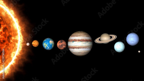 All planets of Solar System and sun. Mercury, Venus, World, Mars, Jupiter, Saturn, Neptune, Uranus, Pluto illustration.