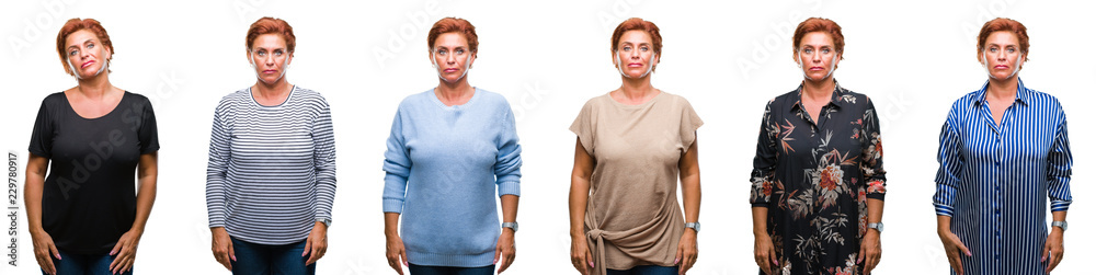 Collage of middle age senior woman over white isolated background with serious expression on face. Simple and natural looking at the camera. Collage of middle age senior woman over white isolated background with serious expression on face. Simple and natural looking at the camera.