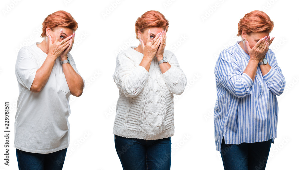Collage of middle age senior woman over white isolated background with sad expression covering face with hands while crying. Depression concept. Collage of middle age senior woman over white isolated background with sad expression covering face with hands while crying. Depression concept.