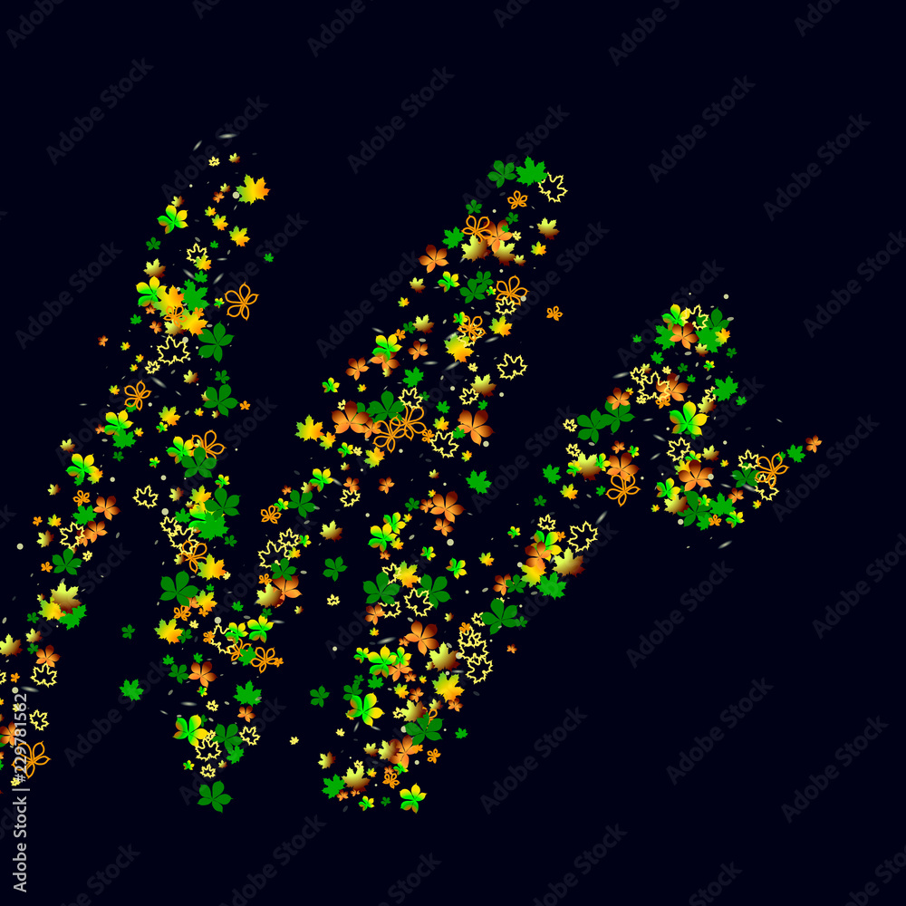 Colored autumn flying leaves on a black background An example of festive background, wallpaper, packaging, cover, tile, textiles