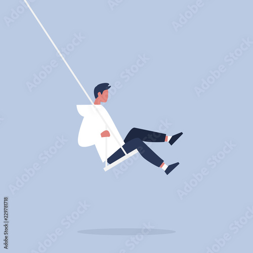 Young male character sitting on a swing. Modern lifestyle. Having fun. Flat editable vector illustration, clip art