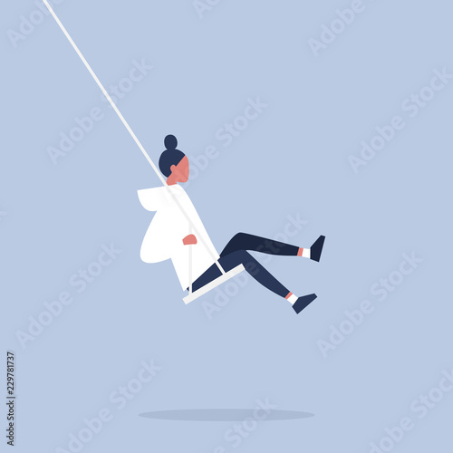 Young female character sitting on a swing. Modern lifestyle. Having fun. Flat editable vector illustration, clip art