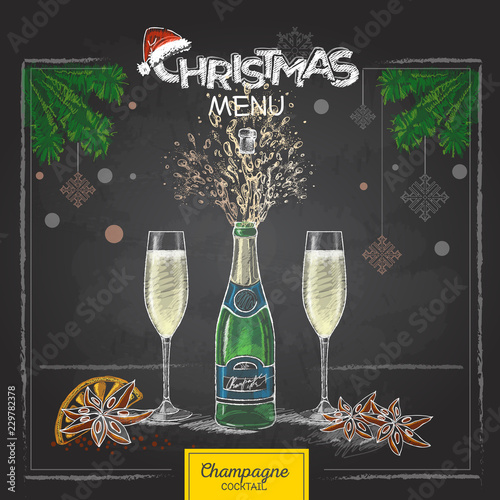 Chalk drawing holiday christmas champagne glasses and bottle photo