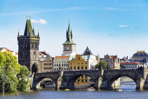 View at Vltava river, Charles Bridge (Karluv most) and Bridge Tower in Prague