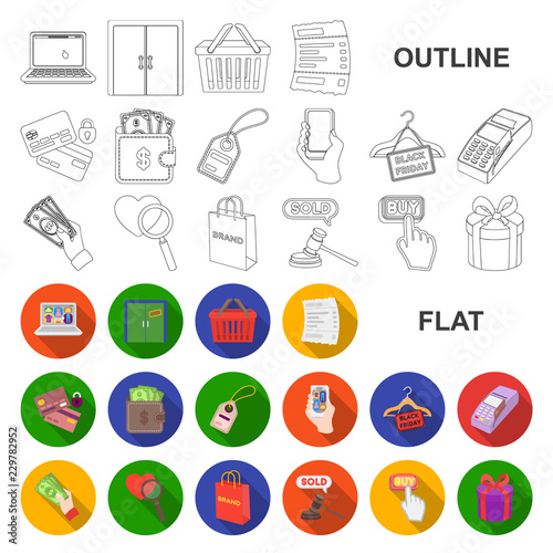 E-commerce, Purchase and sale flat icons in set collection for design. Trade and finance vector symbol stock web illustration.