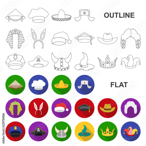 Different kinds of hats flat icons in set collection for design.Headdress vector symbol stock web illustration.