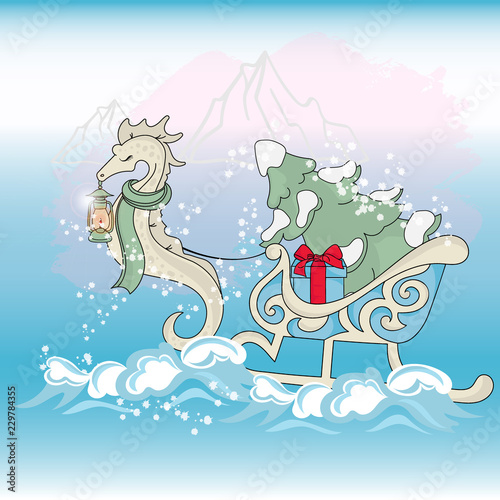 CHRISTMAS SEA HORSE New Year Color Vector Illustration Set