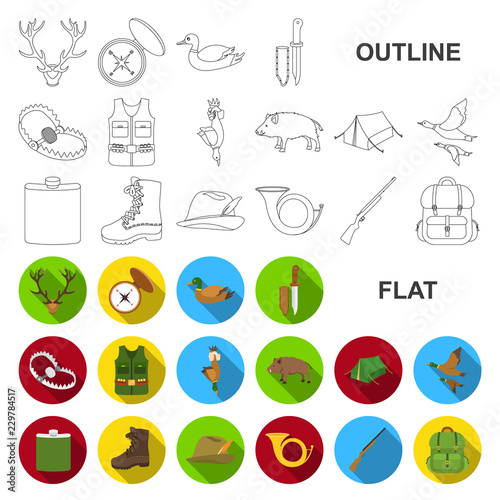 Hunting and trophy flat icons in set collection for design. Hunting and equipment vector symbol stock web illustration.