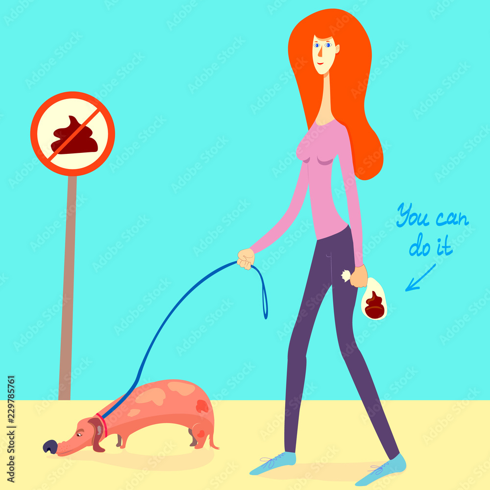 illustration about picking up your dog's poop. girl picked up a dog's shit  and put it