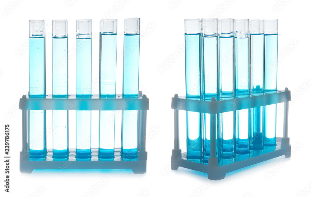 Set with laboratory glassware and liquid for analysis on white background Set with laboratory glassware and liquid for analysis on white background