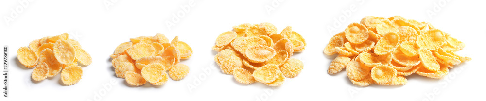 Set with tasty crunchy corn flakes on white background Set with tasty crunchy corn flakes on white background