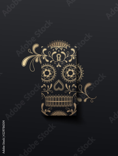 Sugar Skull day of the dead. Mexican style golden effect skull illustration.