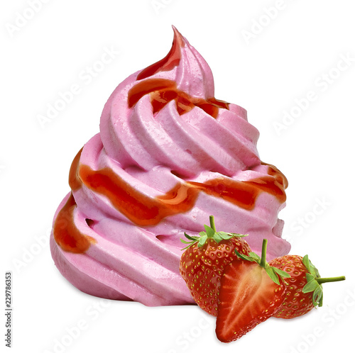  Soft ce cream or yogurt with strawberry sauce isolated on white background  photo