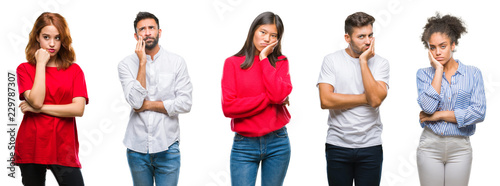 Collage of group chinese  indian  hispanic people over isolated background thinking looking tired and bored with depression problems with crossed arms.